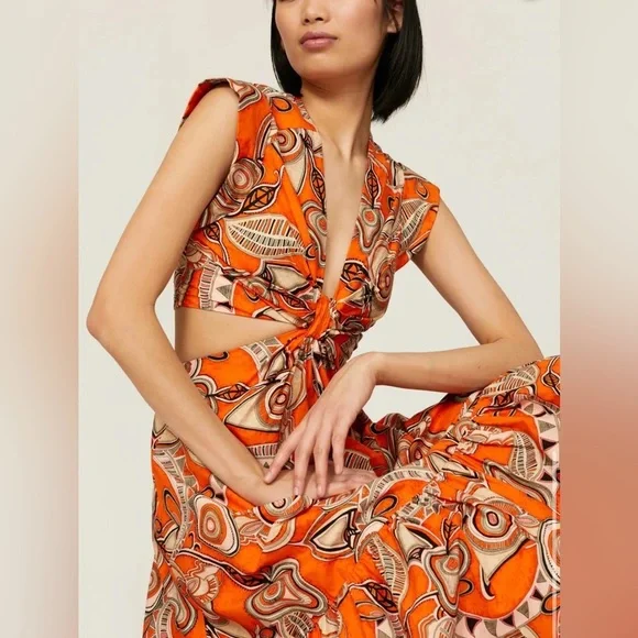 strapless open back dress Rent Runaway the Label Beloved Orange Ruffle Maxi Dress